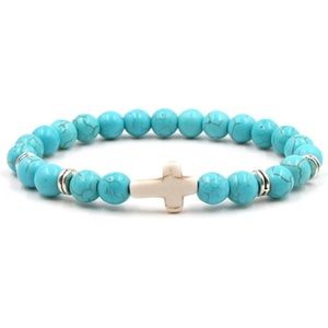 Turquoise Beaded Cross Bracelet | Stretch | Stone Bead | Christian Unisex